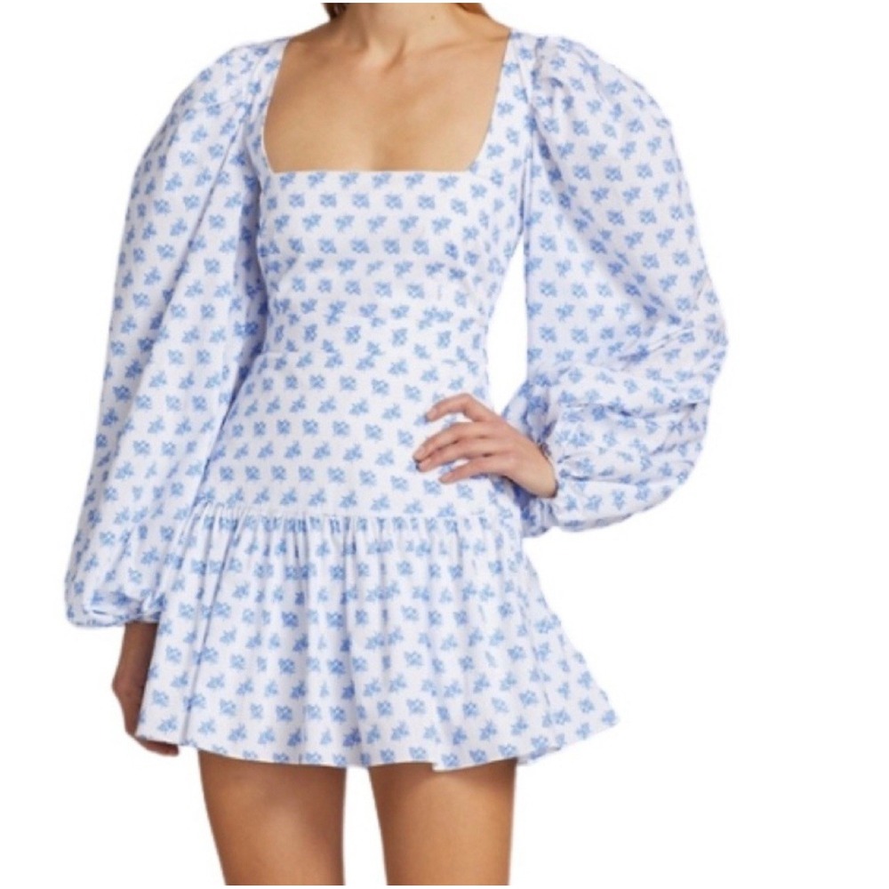 Caroline Constas Julian Dress in Blue Toile Spot Mini‎ Floral Square Neck Sz L